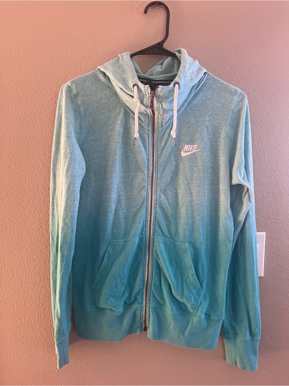 Nike Light Teal Zip Hoodie with White Drawstrings